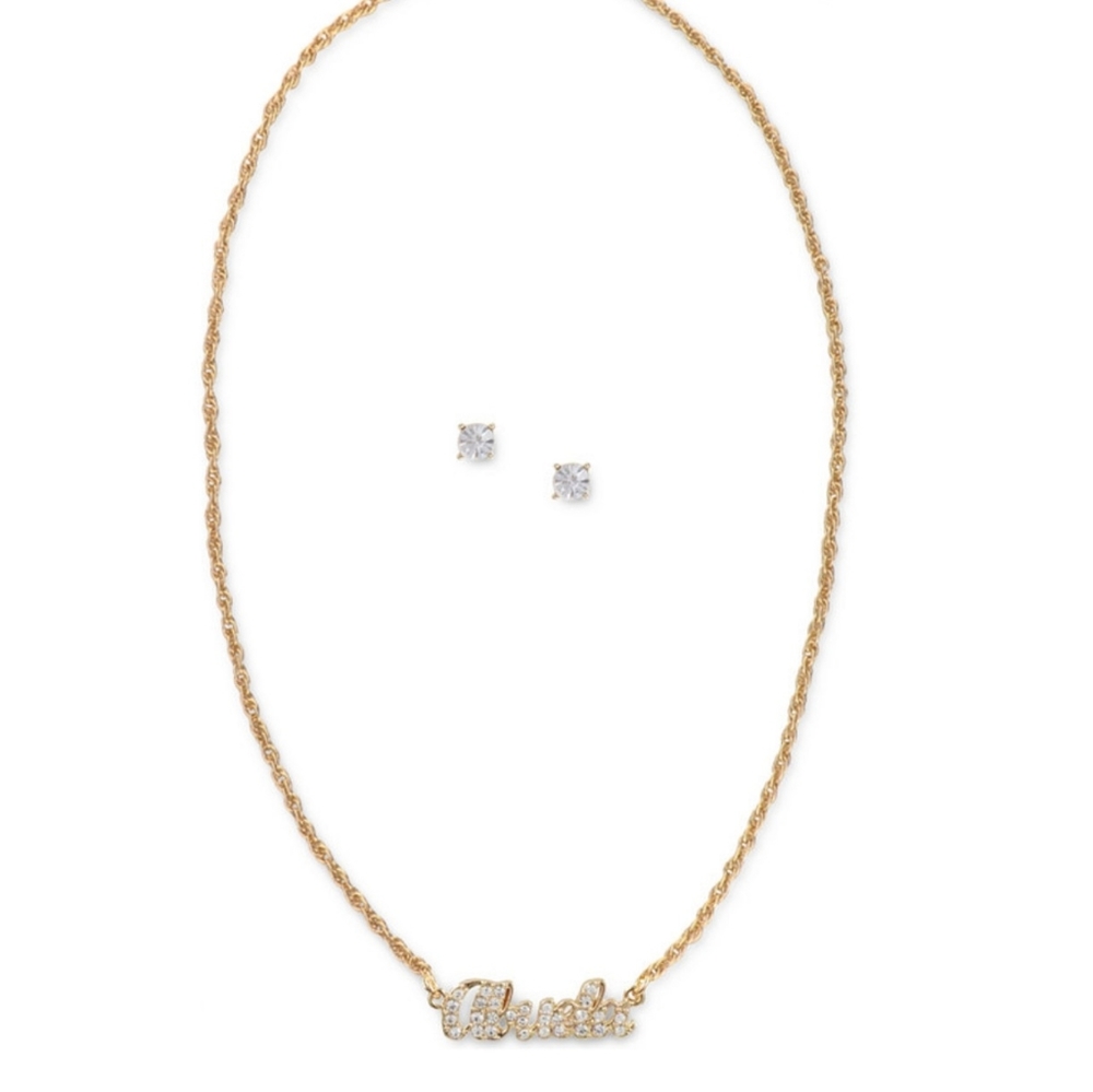 Charter Club NWT Gold-Tone Crystal Abuela Pendant Necklace & Stud Earrings Set